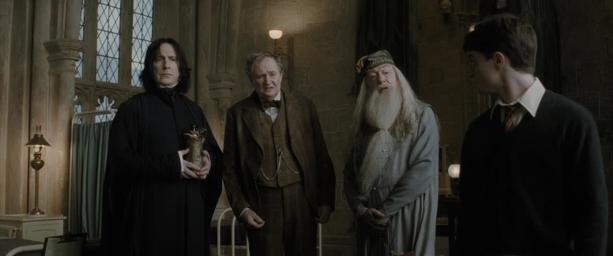 Harry, Dumbledore, and Snape in Harry Potter and the Half-Blood Prince.